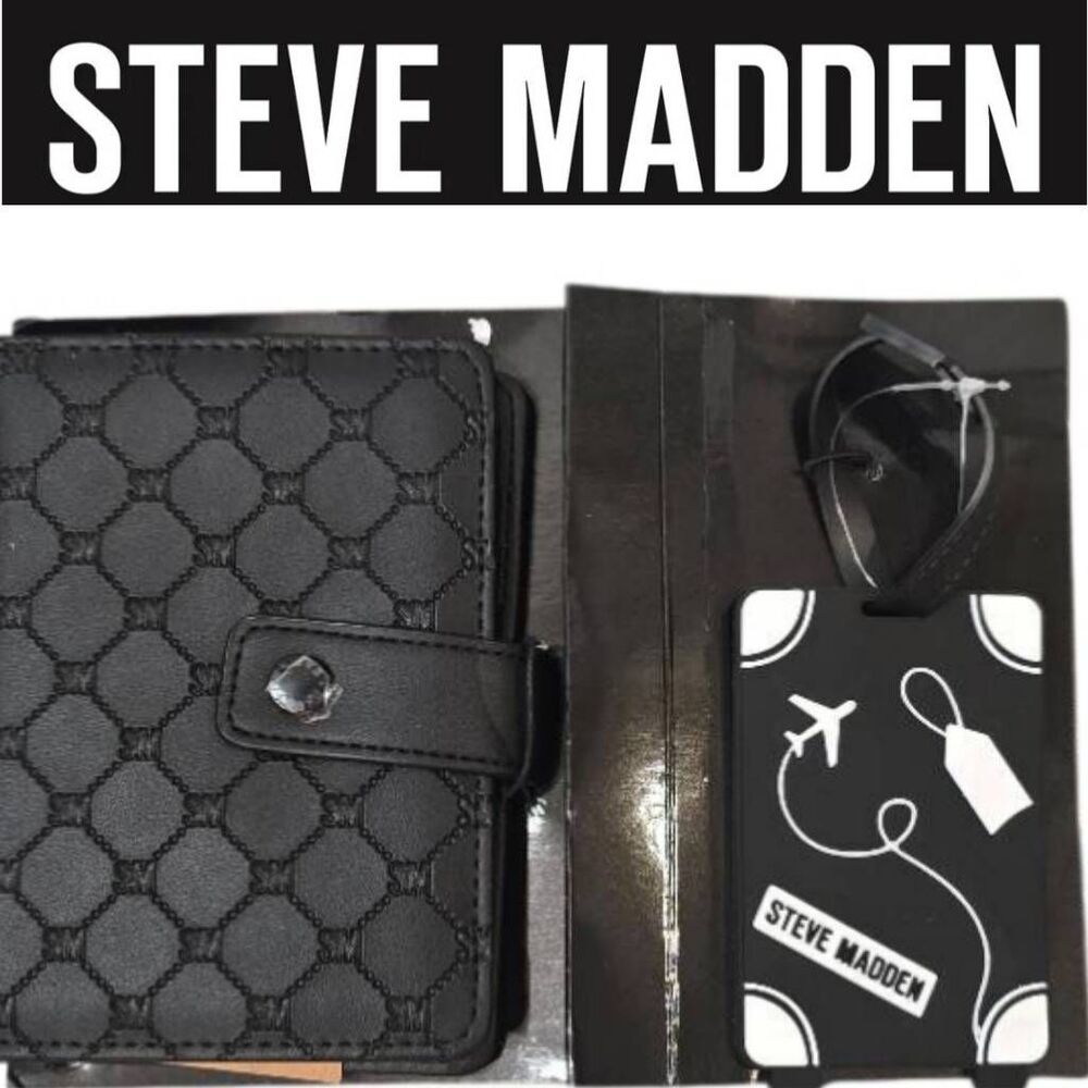 Steve Madden SM Logo Travel Passport Wallet & Luggage Tag- Black